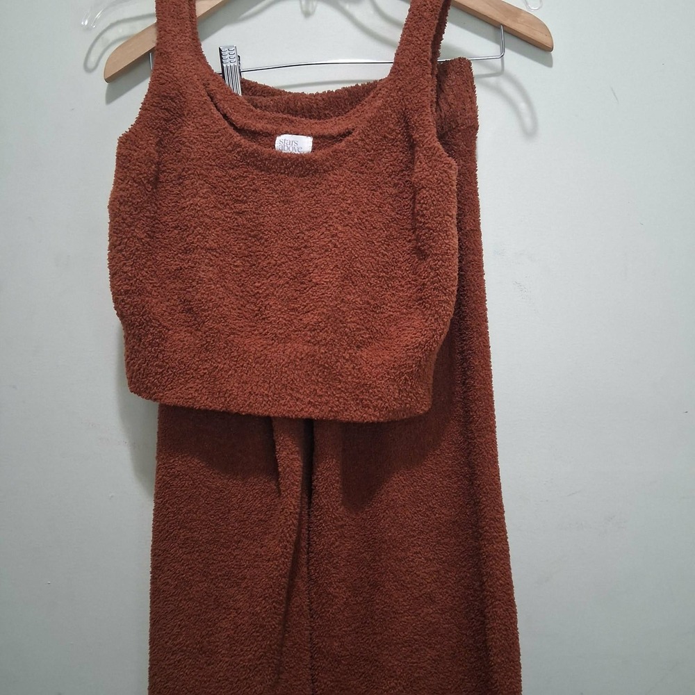 Stars Above Womens XS Rust Brown Fuzzy Popcorn Knit Lounge Set Tank & Pants